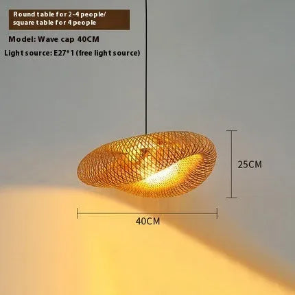 Natural bamboo straw hat shaped hanging chandelier ceiling light on white background.