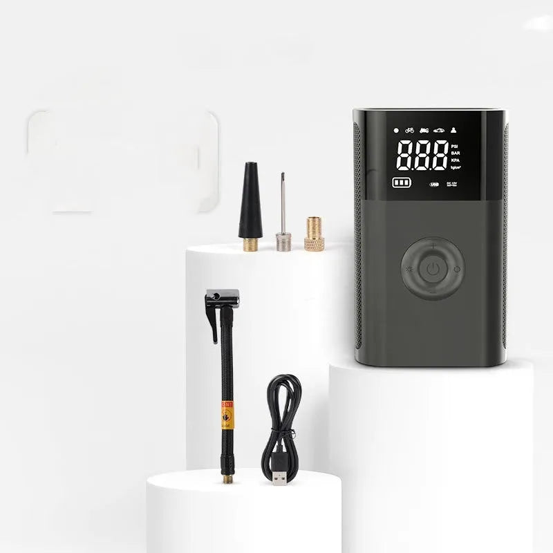 Wireless handheld digital display air pump with LED light and accessory nozzles for car and bicycle tyres