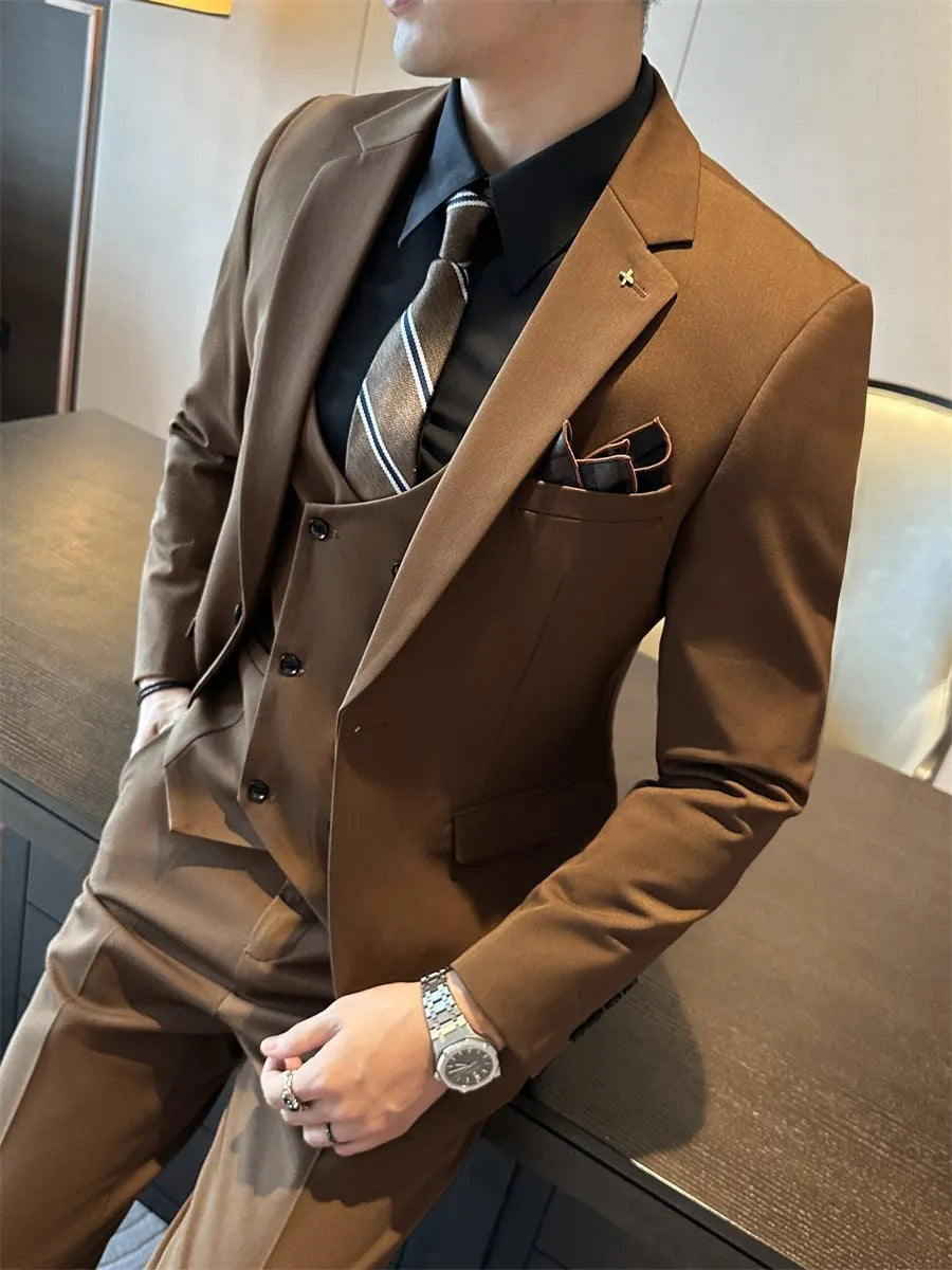 Men's slim fit business formal suit jacket in dark green, brown, or camel colour