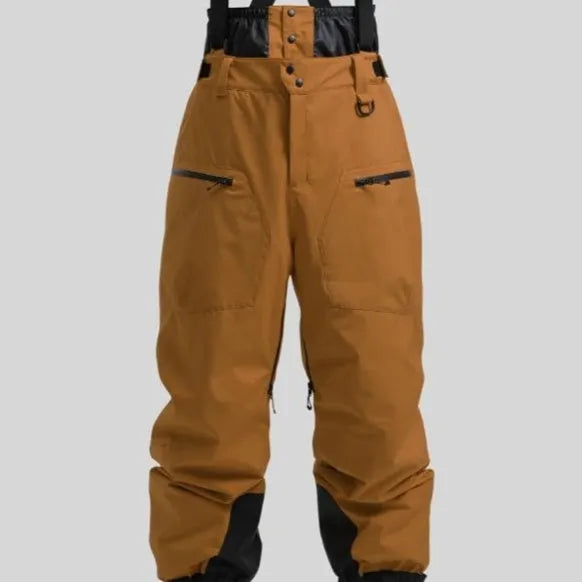 Men's black waterproof ski trousers with strap detail, made from flame-retardant linen fabric.