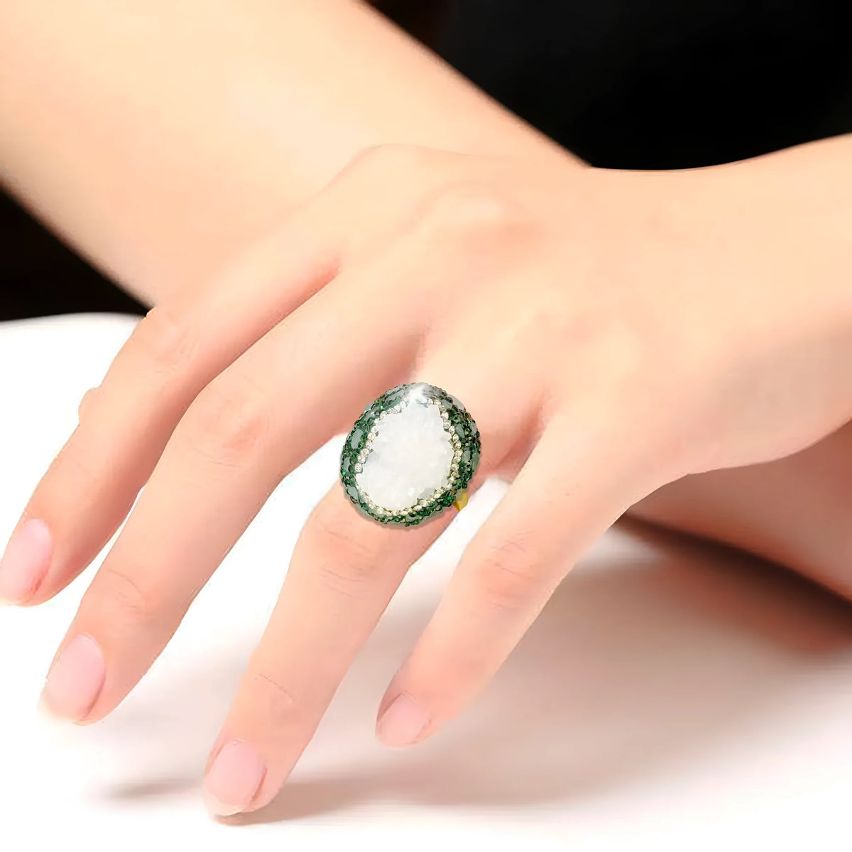 Dark green crystal bud open ring for women with copper band, geometric shape, electroplated finish, and diamond inlay.
