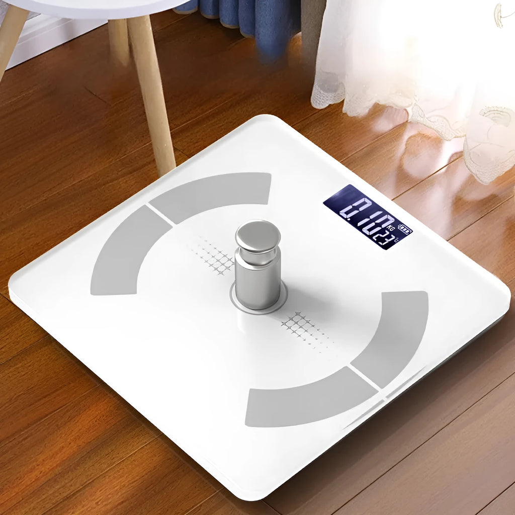 Smart Bluetooth body fat scale in white colour showing digital display and mobile app connection