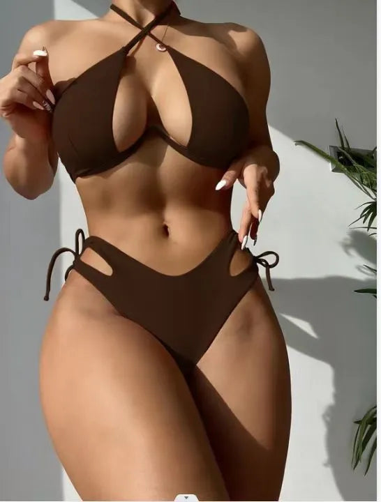 Women's solid colour halter bikini with backless briefs in black, blue, or brown