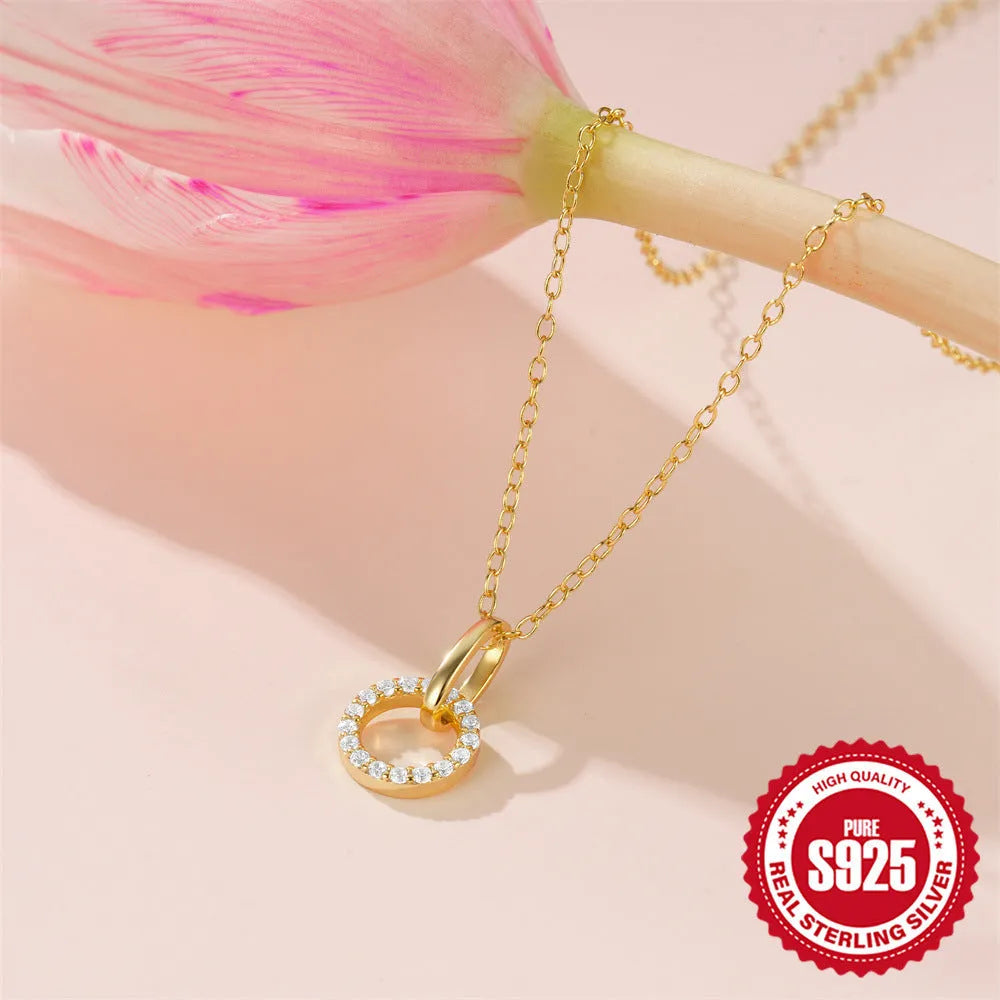 Gold tone S925 sterling silver clavicle chain necklace with interlocking micro inlaid zircon pendant