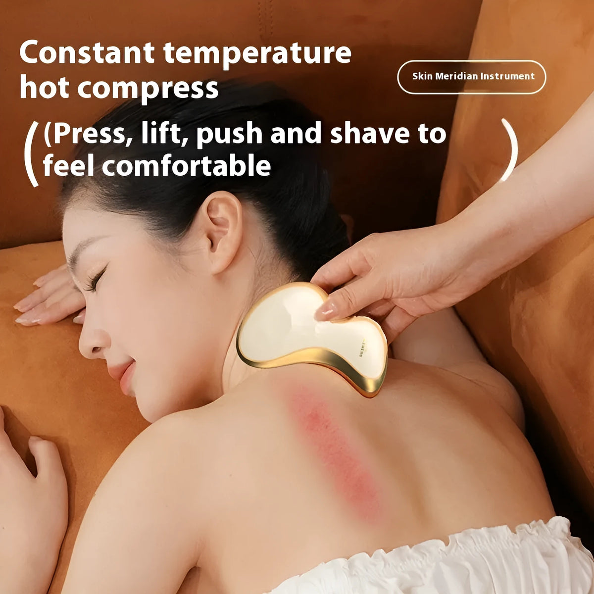 Electric scraping plate massager in gold brass or stone-effect finish with USB charging port