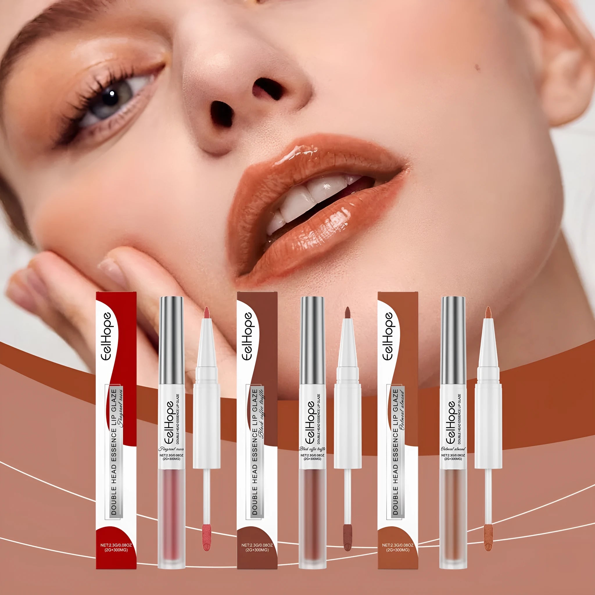 Double-headed lip liner and lip lacquer pen for makeup application in three colour shades.