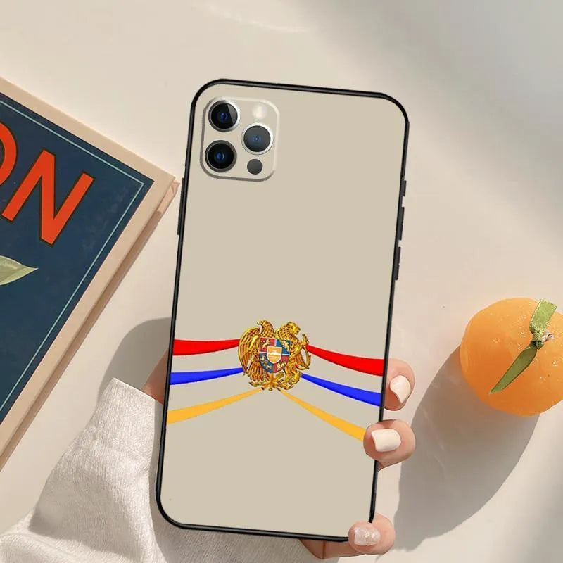 Black TPU soft shell phone case with Armenian flag design, compatible with iPhone 14 series models.