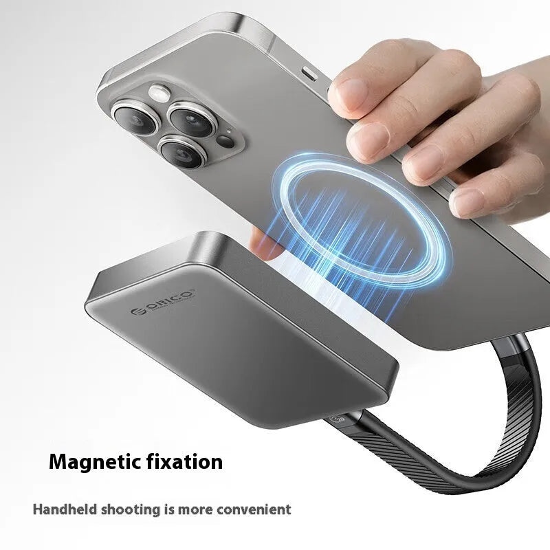 Grey ultra-thin magnetic mobile solid state drive for phones and computers with C to C cable.
