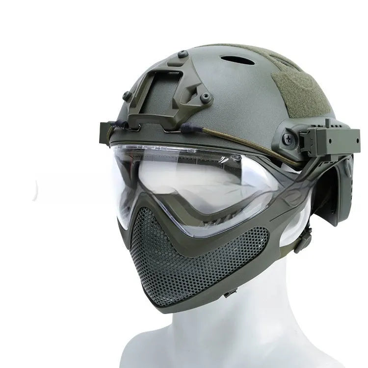 ABS integrated helmet with loading and unloading mask, shown in black, green, sand, CP, black CP and grey, sizes M and L