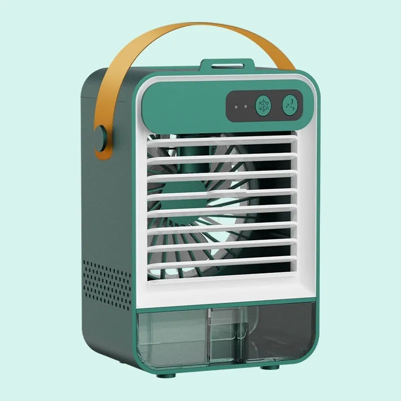 Compact Dark Green desktop air humidifier with USB port on a wooden desk.