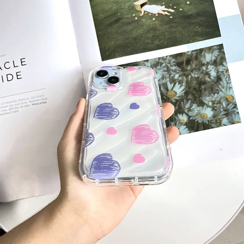 Transparent iPhone case with pink and blue heart design, TPU all-inclusive cover with fall protection and sprayed finish