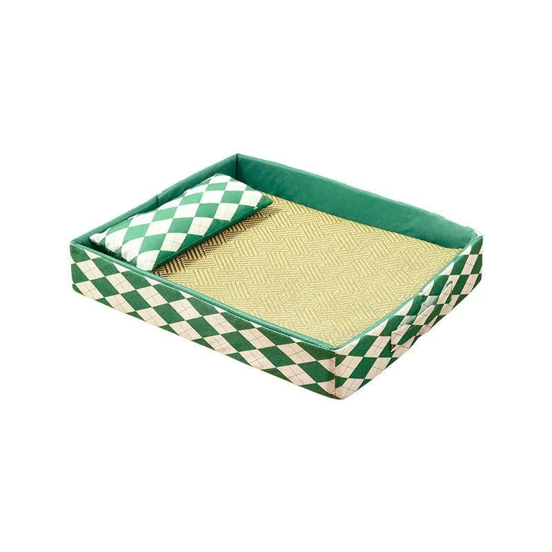 Blue woven rattan cooling mat cat bed on a fabric base, showing textured surface and low-profile design.