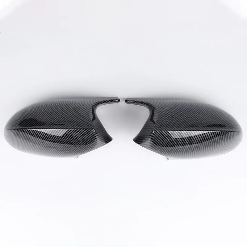 BMW 3 Series E90 rearview mirror replacement shell pair in black and carbon pattern finishes