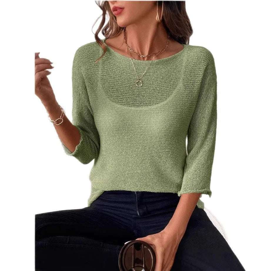Women's thin knitted off-shoulder overall top with 3D pattern and 3/4 sleeves in matcha colour