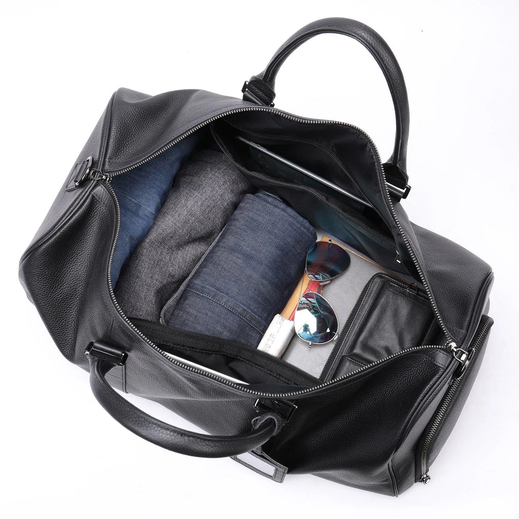 Men's black leather tote bag with single strap showing 44cm length measurement