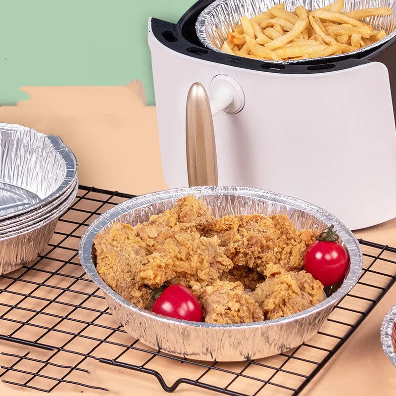 Round aluminium foil air fryer liner with 4 cm deep edge, non-stick and oil-proof, available in 14.5 cm to 23 cm diameters