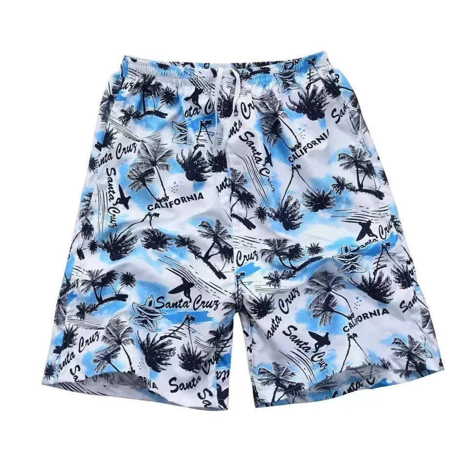 Men's floral printed five-point swimming trunks in a free size on a white background.
