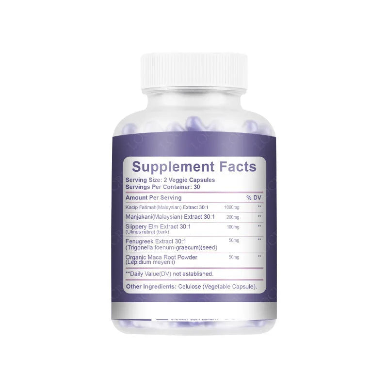 Bottle containing 60 vaginal capsules for adult intimate care with extracted formula
