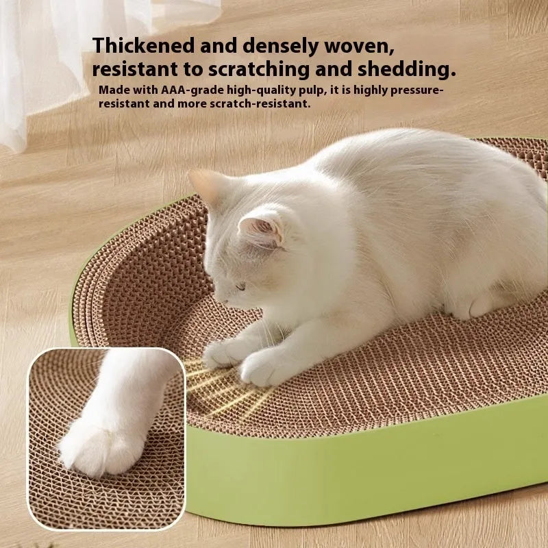 Green oval cat scratch board nest made from corrugated paper measuring 55cm in diameter