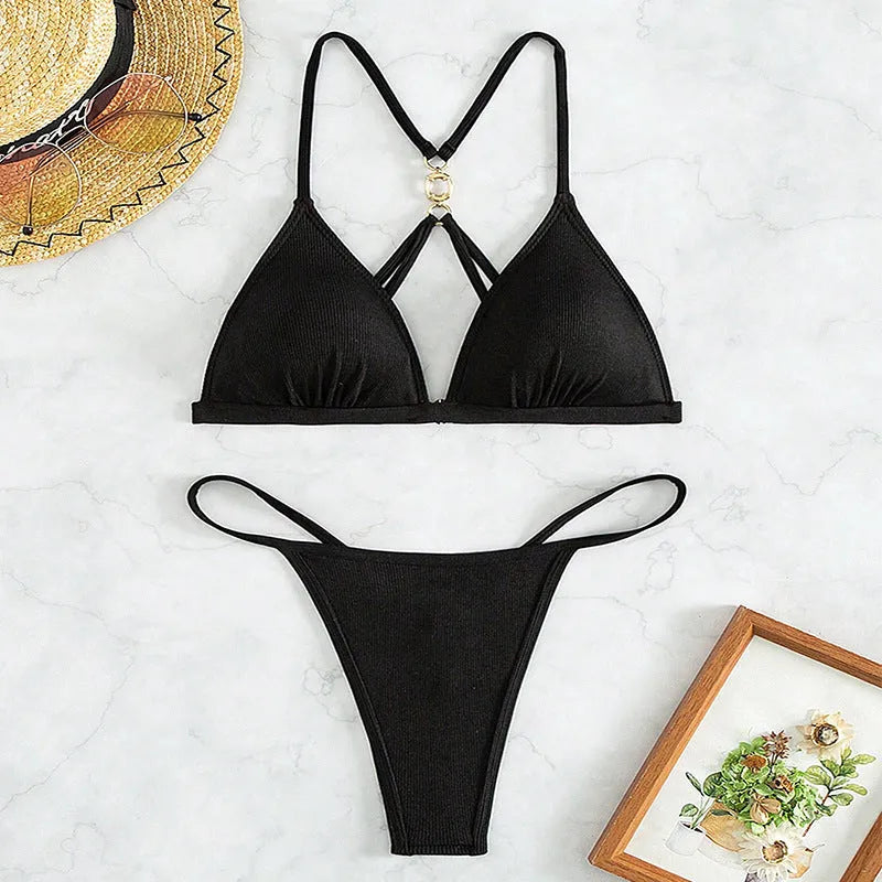 Black women's hollow backless bikini with triangle top and matching bottoms