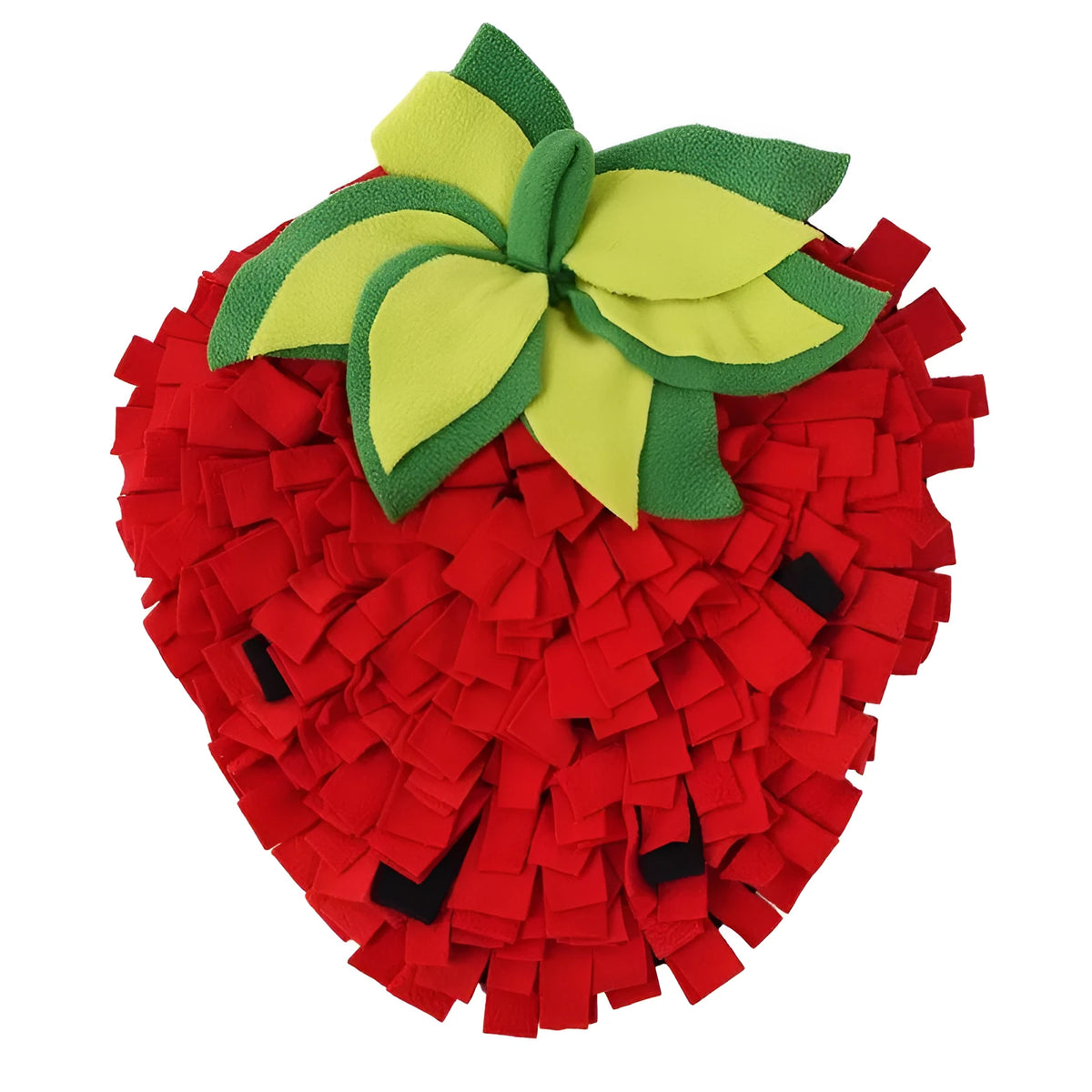 Red and green strawberry-shaped pet slow feeder mat with textured hiding spots