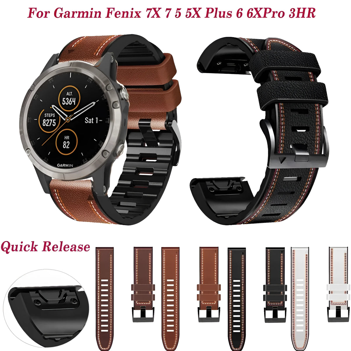 Silicone leather quick release watchband for Garmin Fenix smartwatches in black, brown, light brown, and white colours