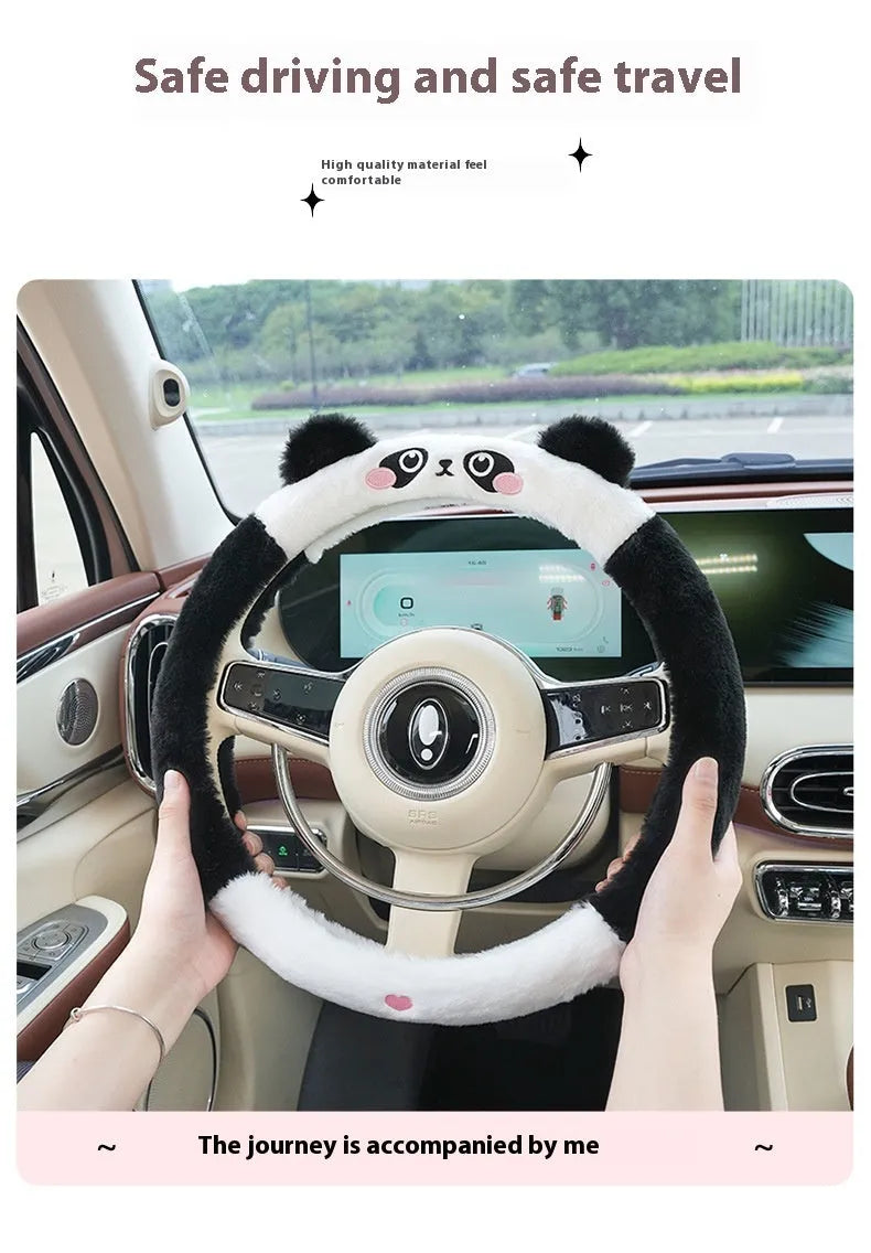Plush cartoon animal embroidered steering wheel cover with rabbit fur, for winter.