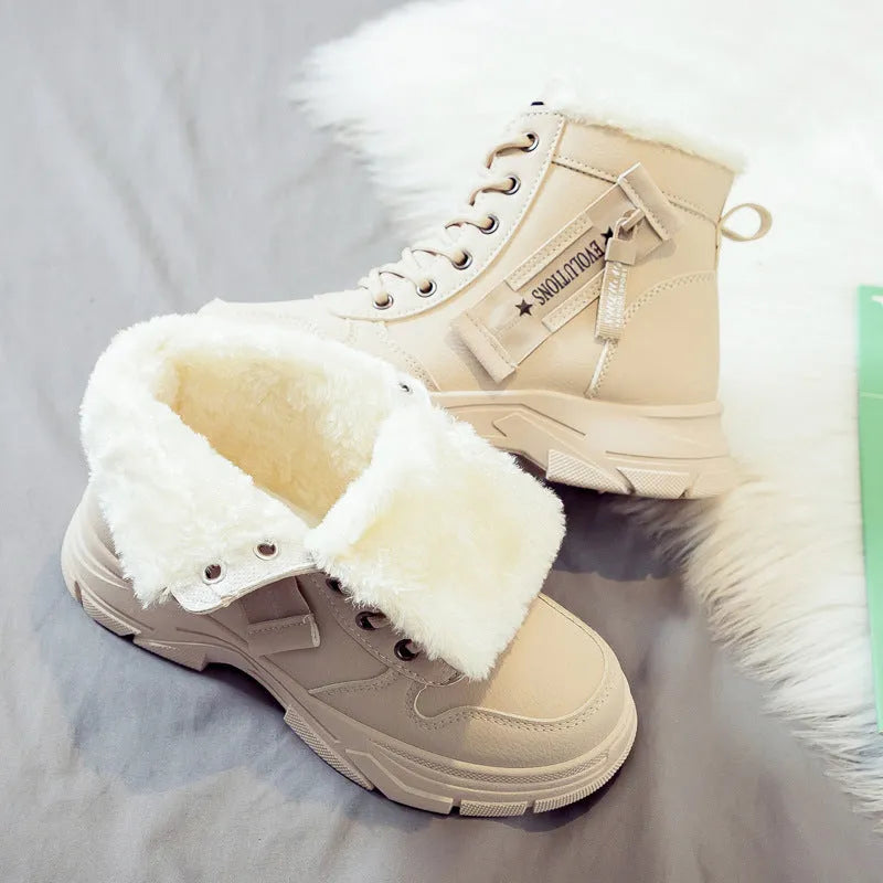 Women's plus size fleece-lined snow boots with lace-up front and mid heel