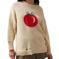 Women's milky white acrylic jacquard knit pullover sweater with round neck and long sleeves.