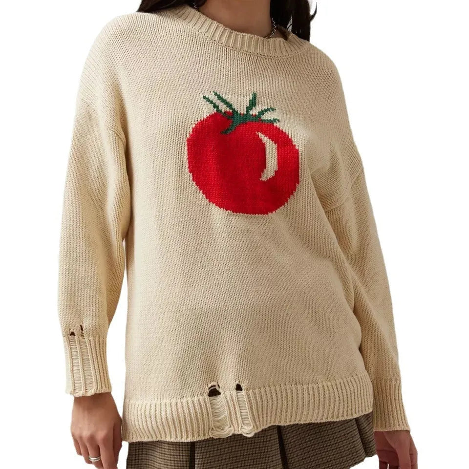 Women's milky white acrylic jacquard knit pullover sweater with round neck and long sleeves.