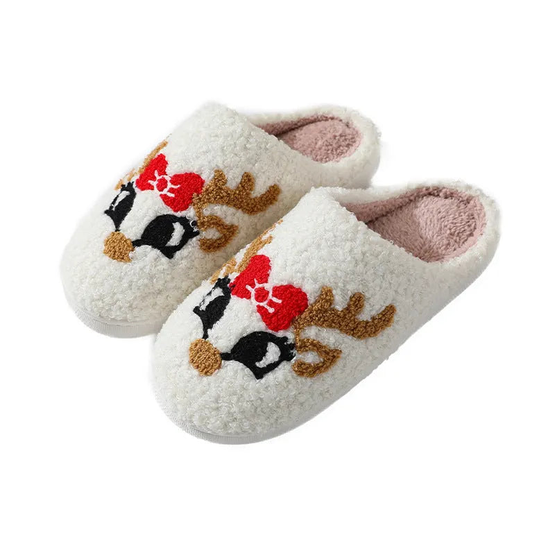 Christmas deer slippers with plush upper, cartoon fox pattern, TPR non-slip sole, 3.5cm heel, round toe, sizes 36-45