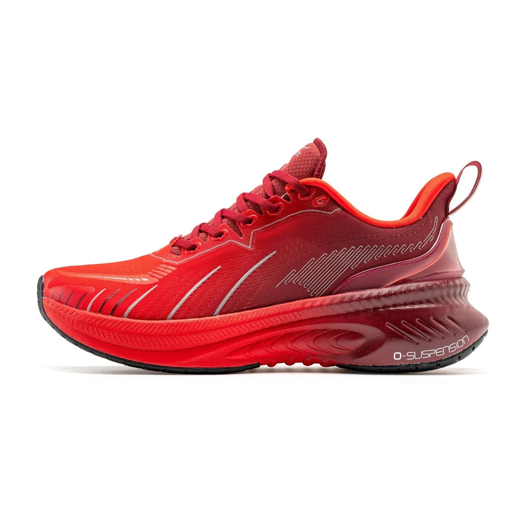 Low-top running sneakers with striped design, available in colours like red, black, and blue, showing rubber sole and mesh upper.