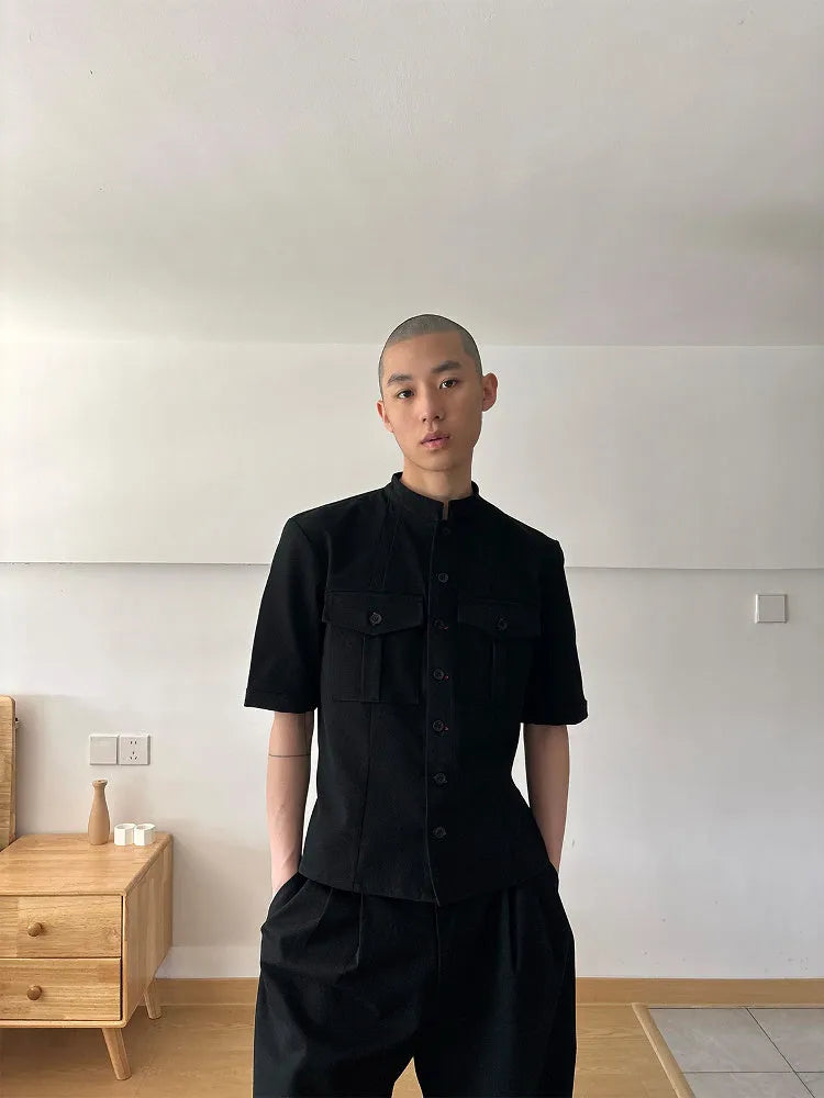 Black handmade loose fit half sleeve hunting shirt with a shirt collar.