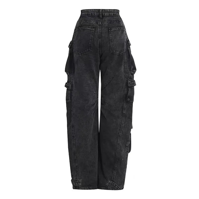 Women's blue tie-dyed wide-leg high-waist jeans with multiple pockets on a mannequin.