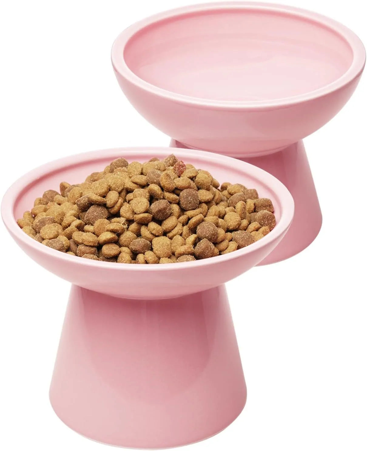 Extra wide elevated ceramic cat food and water bowl set in blue, green, pink, or white