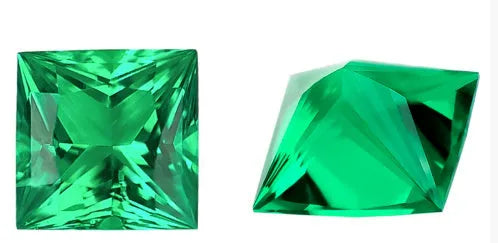 Synthetic emerald gemstones in Columbia green colour showing round and grandmother cut shapes