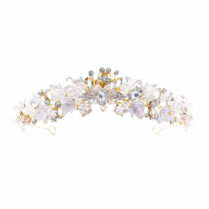 Women's gold alloy crown headdress hair accessory with pearl detailing for formal events