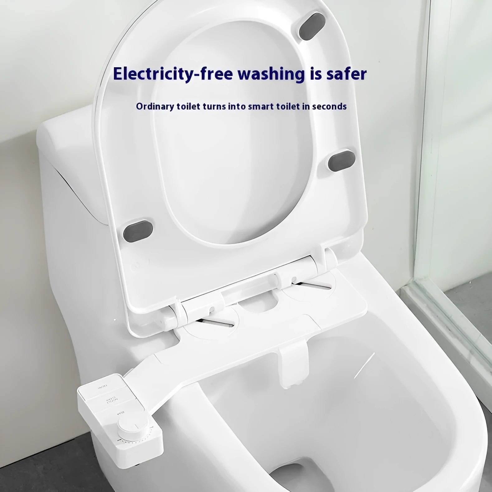 Pure white button wash cleaning tool with removable nozzle and three adaptors for AU EU US bathroom standards