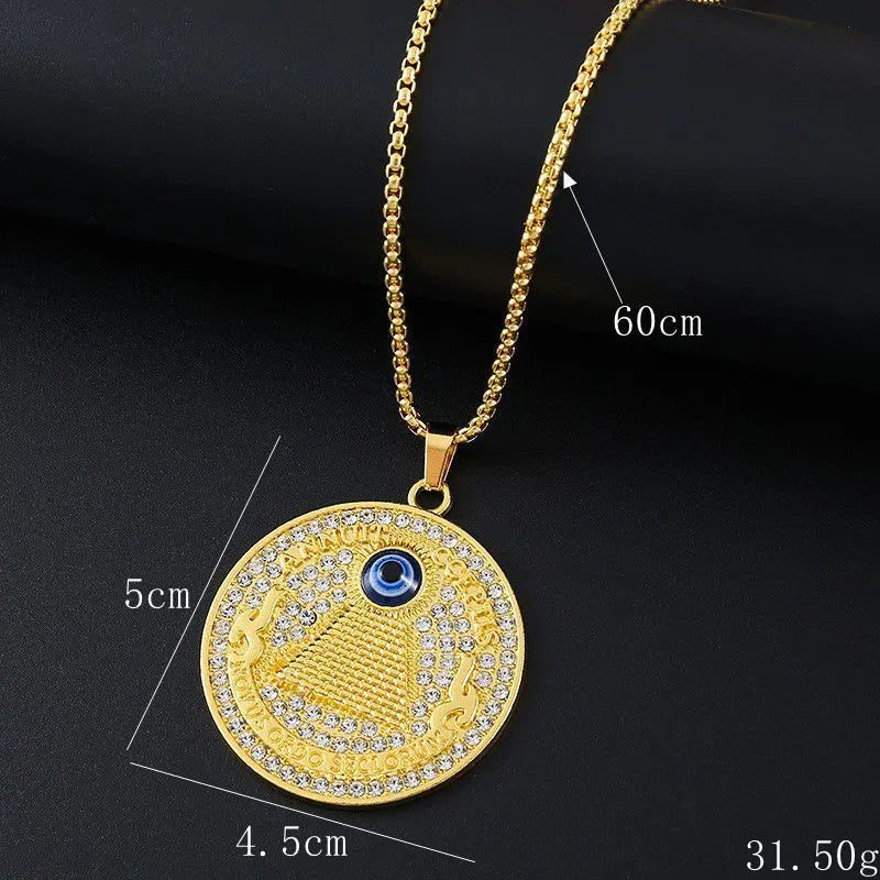 Gold colour geometric pendant necklace with inlaid zircon stones for women
