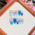 Blue hand-painted carved summer ice transparent plastic fake nails with dimensional design