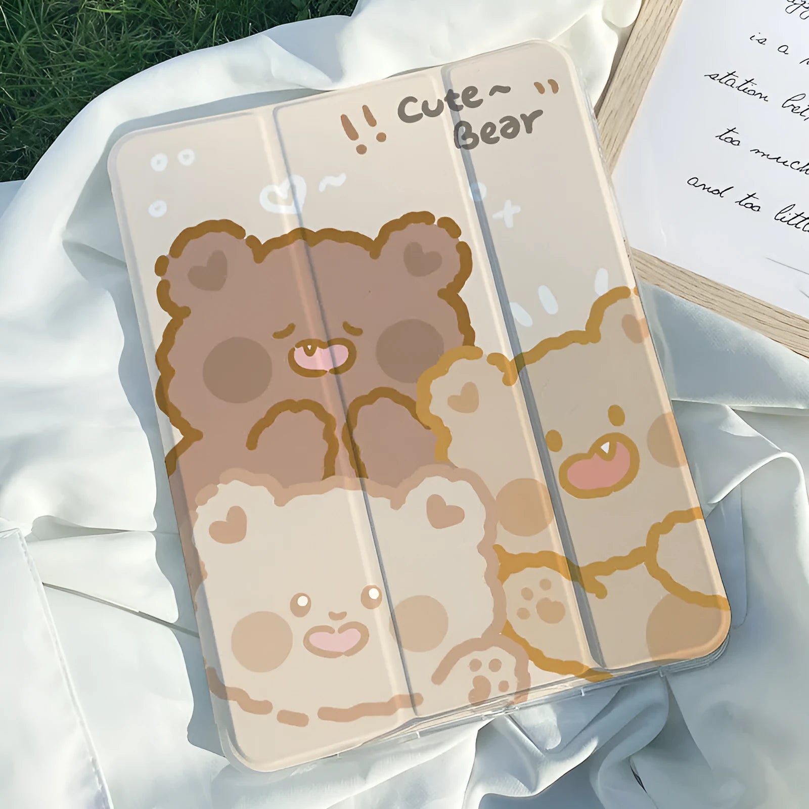 Rabbit cartoon design silicone tri-fold protective case for an Apple iPad in stand mode.