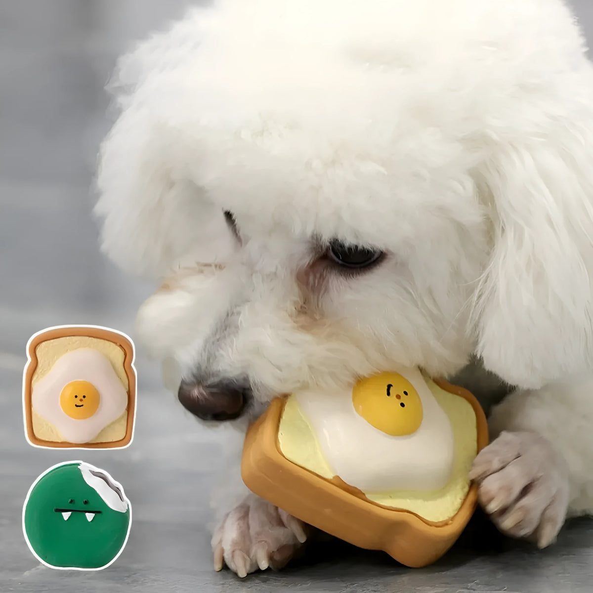 Yellow bread shaped latex dog chew toy with cartoon patterns and squeaker
