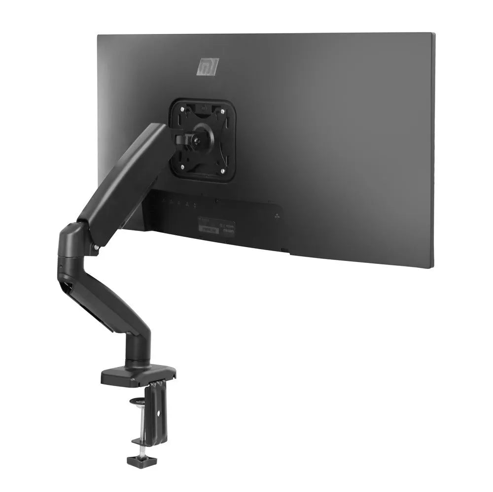 Black rotating telescopic LCD screen bracket on a desk, showing height adjustment and swivel function.