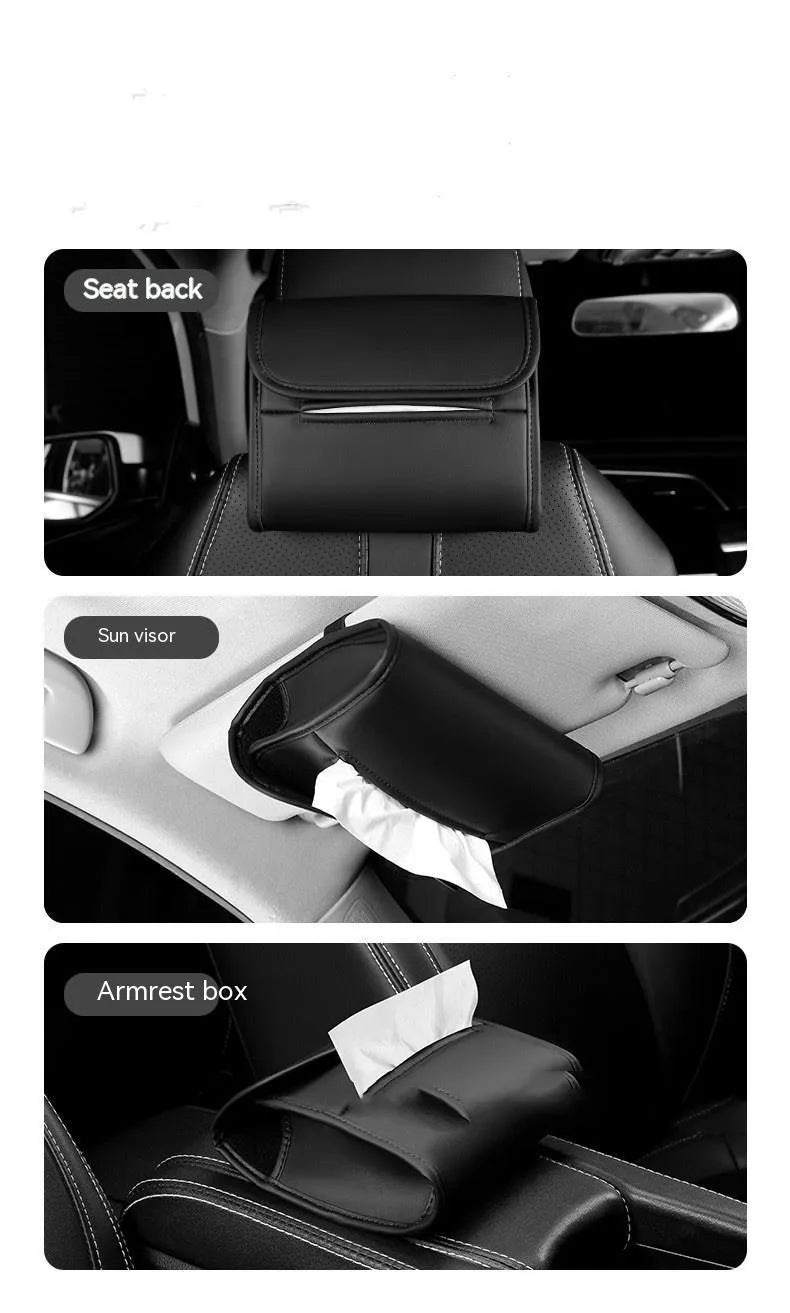 Brown leather car tissue box with elastic strap hanging on a car armrest