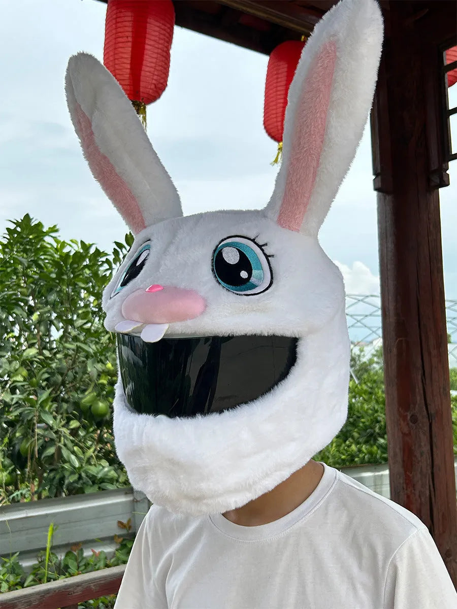 White decorative rabbit head helmet cover with long ears made from plush PP cotton for motorcycle protection