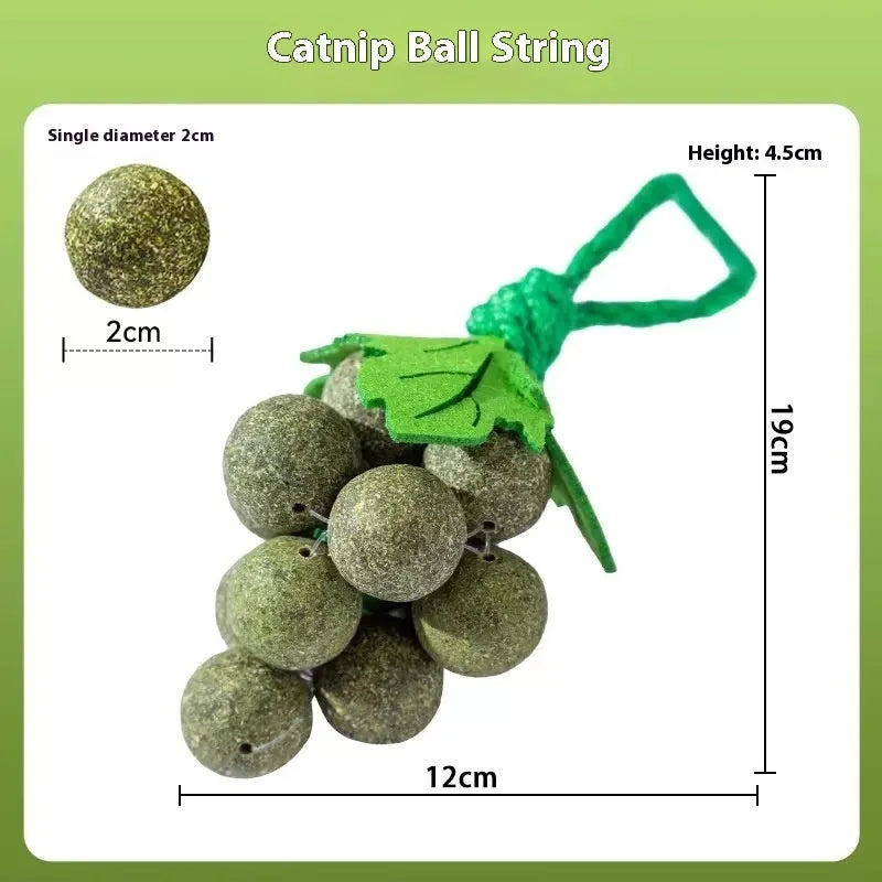 Cotton thread grape cluster cat teaser molar toy in mint, insect gall fruit, or mixed flavour