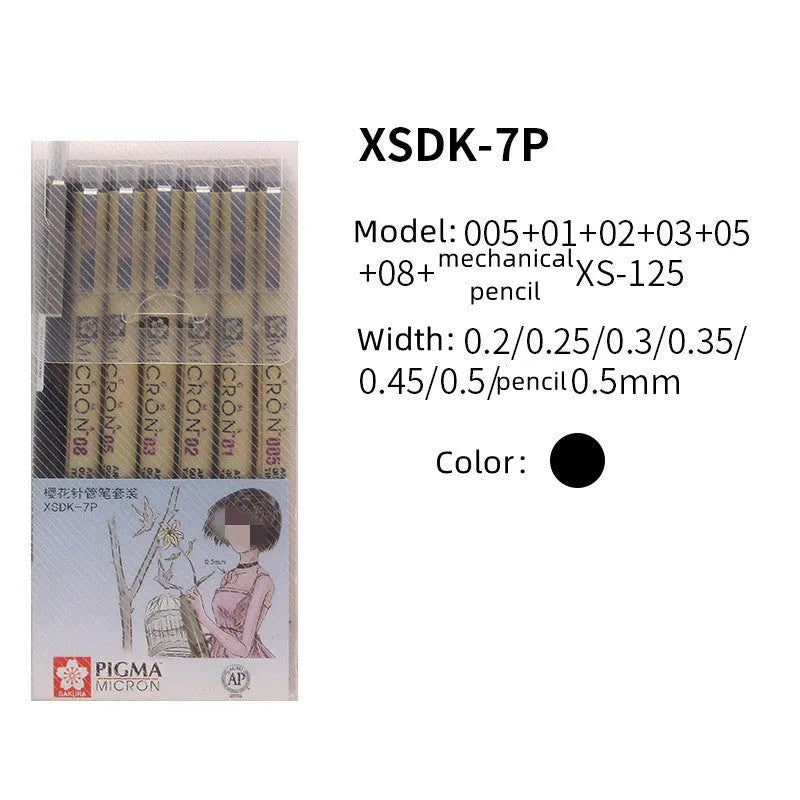 Pack of 7 Sakura Pigma Micron needle sketch pens with assorted nib sizes from 0.2mm to 0.5mm