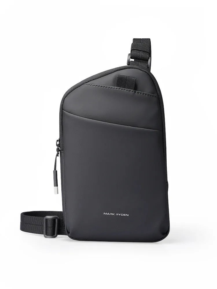 Elegant black men's lightweight crossbody bag made from Oxford cloth with sewing thread detail.