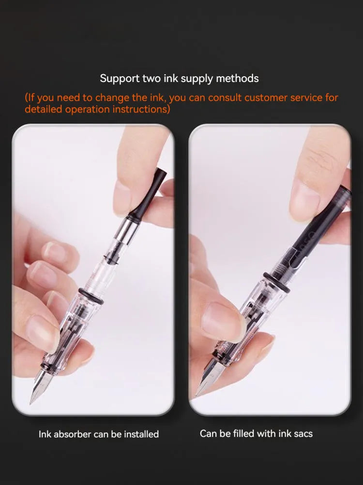 Student automatic suction pen set with plastic shell, 0.38mm and 0.5mm pen heads, and included ink feeder