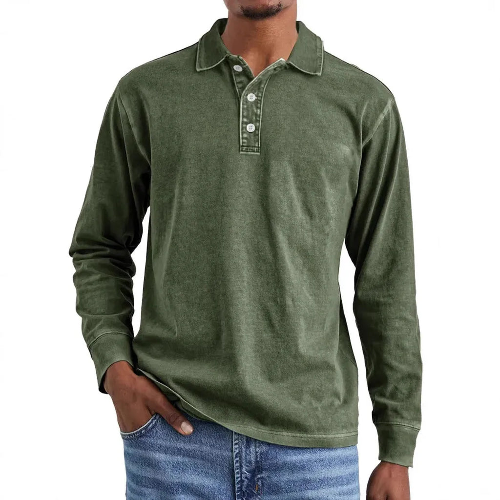 Men's retro washed distressed cotton long sleeve polo shirt with a pointed lapel collar